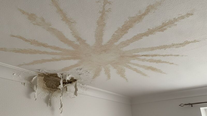 Water stain on a ceiling from a leaking roof in a UK home