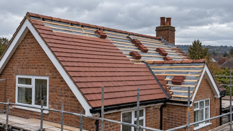 New clay tiles being laid on a pitched roof of a UK brick house