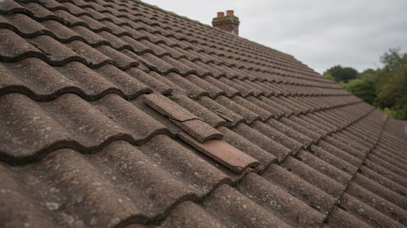 Cracked and slipped roof tiles needing repair on a UK house